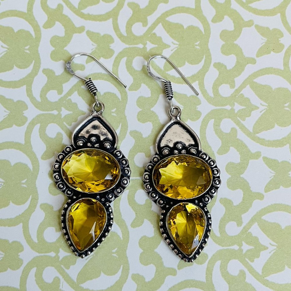 Citrine Gemstone 925 Sterling Silver Plated Dangle Artisan Earrings 2 3/8” NEW